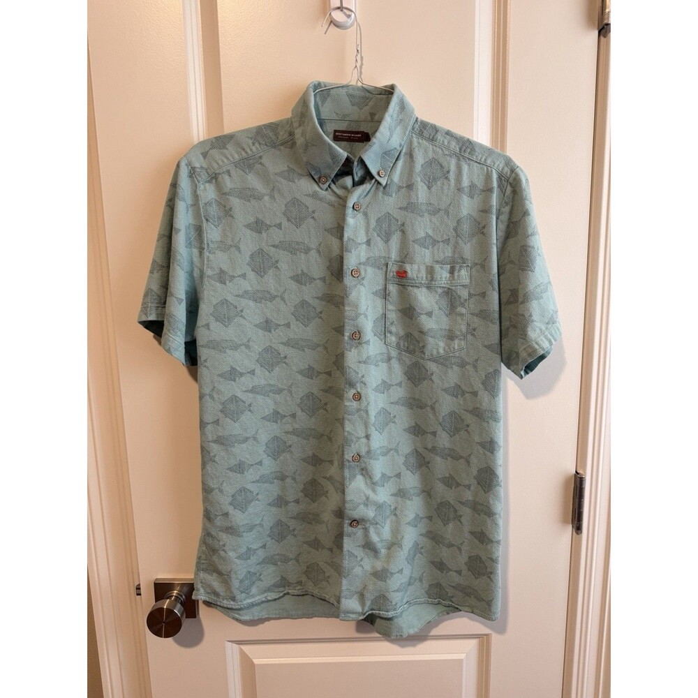 Southern Marsh Atoll Geometric Fish Shirt Men’s M Green 100% Cotton Button Up